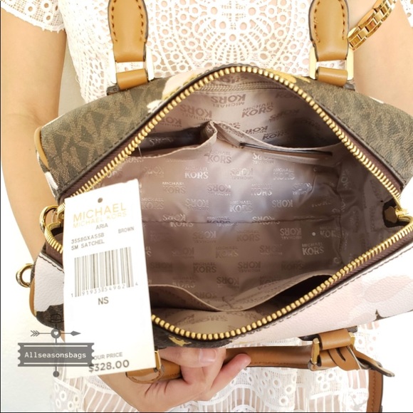 NWT Michael Kors Small Aria Satchel Brown Floral - Picture 6 of 7